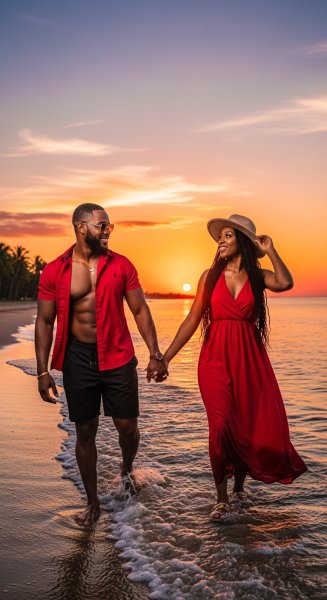 A black couple at the beach in red #4