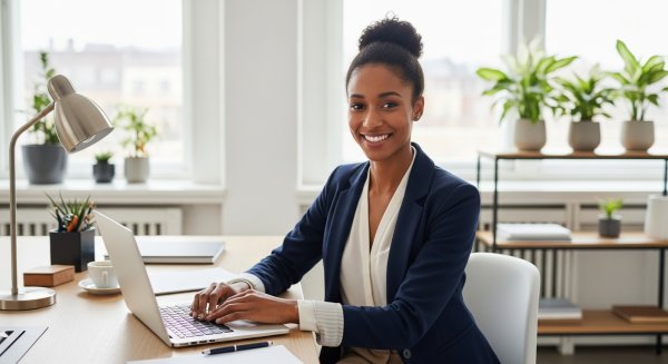 A happy young black woman in professional attire in her office #3