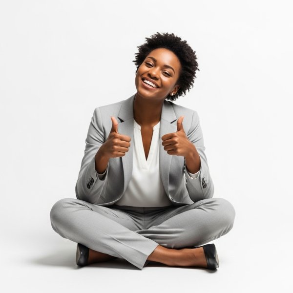 A black woman sitting cross-legged, smiling and giving thumbs up in a professional grey outfit #4