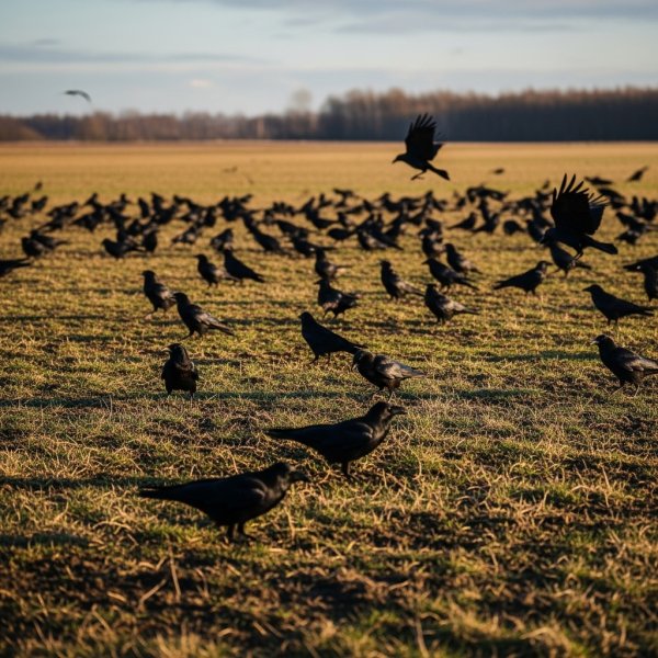 A group of black black birds in a field #2