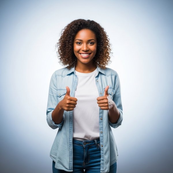 A cheerful young black pretty woman, smiling confidently and giving two thumbs up #3