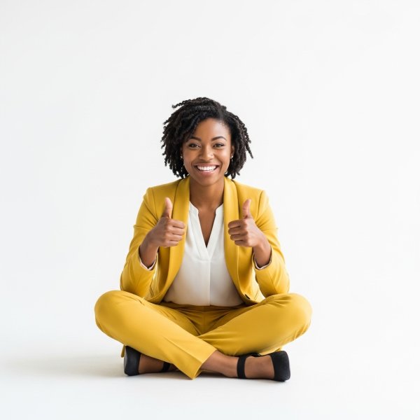 A black woman sitting cross-legged, smiling and giving thumbs up in a professional yellow outfit #3