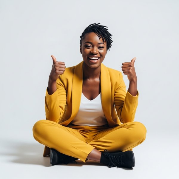 A black woman sitting cross-legged, smiling and giving thumbs up in a professional yellow outfit #1