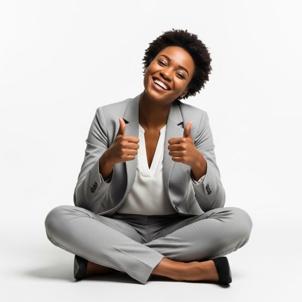 A black woman sitting cross-legged, smiling and giving thumbs up in a professional grey outfit #2