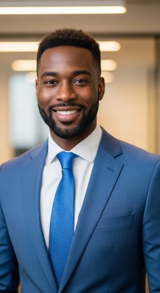 A black man dressed in blue professional attire and smiling #2