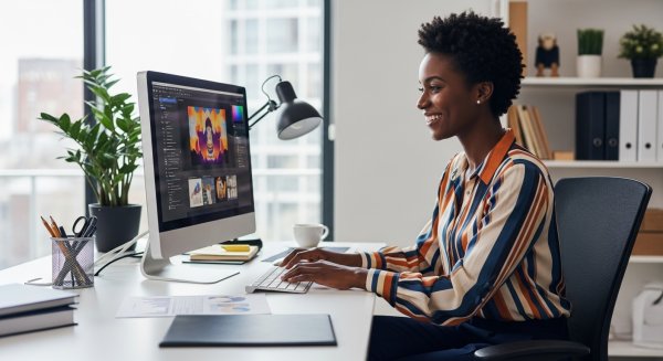 A happy black woman sitting in her office with her PC #1