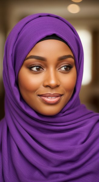 A black Muslim lady with a purple hijab on her head #1