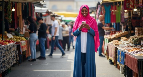 A black Muslim lady with a pink hijab looking on her phone #3