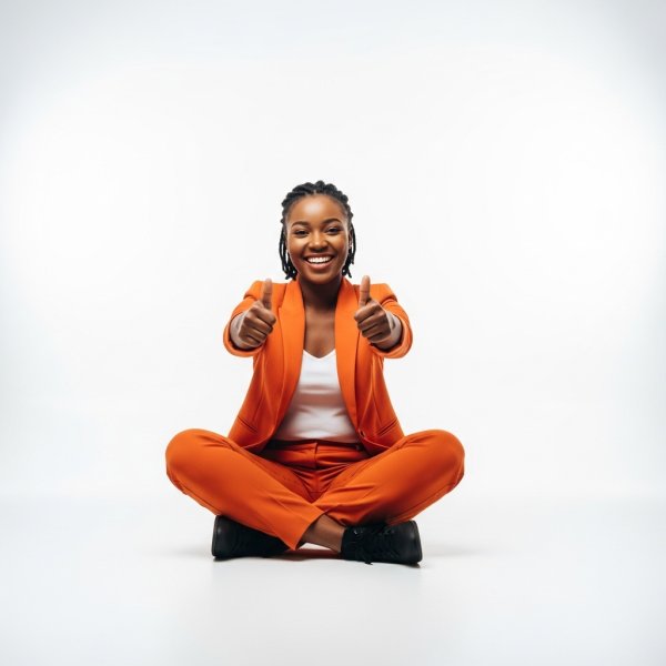 A black woman sitting cross-legged, smiling and giving thumbs up in a professional orange outfit #2