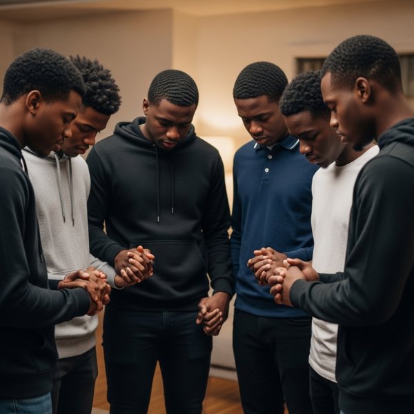 A group of black young guys holding their hands in a circle and praying #4
