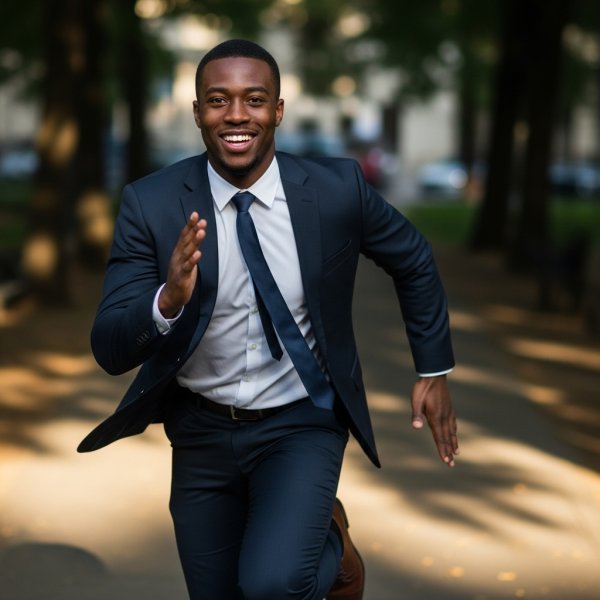 A black businessman in a suite, running and smiling #1