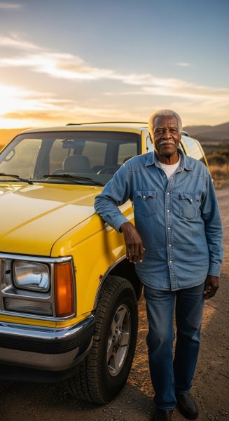 An old black man standing by his yellow SUV #4