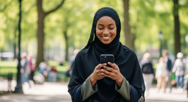A black Muslim lady with a black hijab looking on her phone #1