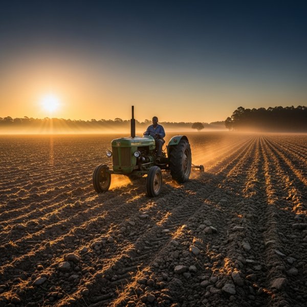 Black African farmer driving a tractor across a wide open farmland at sunrise. #1
