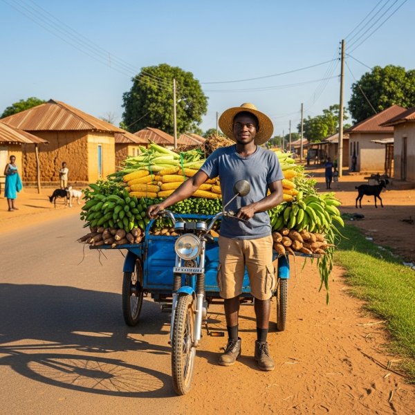 Young Black Ghanaian farmer standing beside a blue ‘aboboyaa’ tricycle loaded with harvested crops. #4