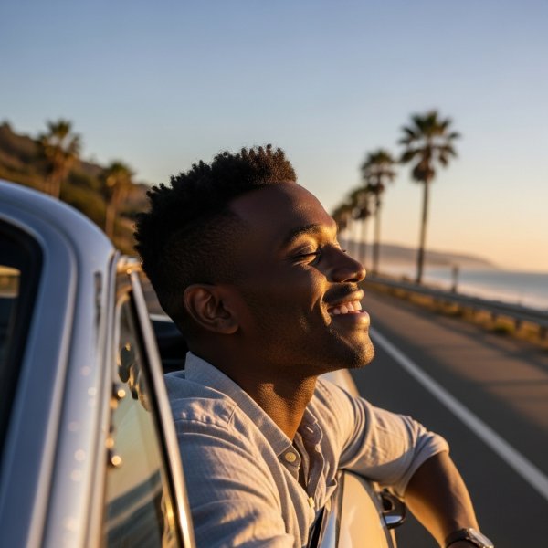 A black man sticking his head out of the car window #1
