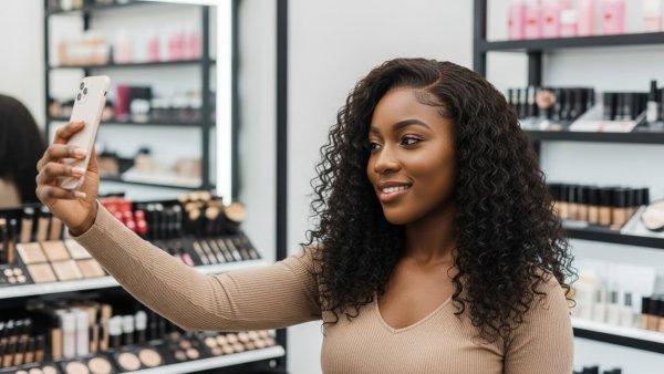 A black young lady holding a phone while standing in a make-up shop #4