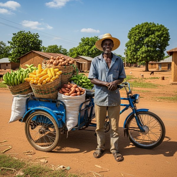 A Black Ghanaian farmer standing beside a blue ‘aboboyaa’ tricycle loaded with harvested crops. #2