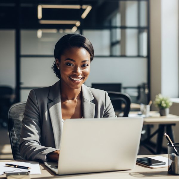 A happy young Black woman working on a laptop in a modern office, smiling confidently #4