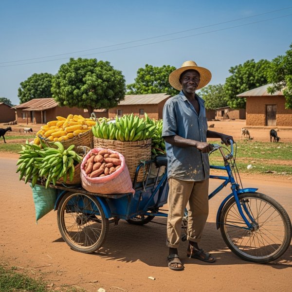A Black Ghanaian farmer standing beside a blue ‘aboboyaa’ tricycle loaded with harvested crops. #4