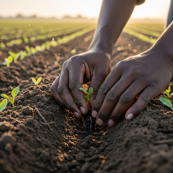 Close-up of a Black African farmer planting seedlings in rich dark soil #4