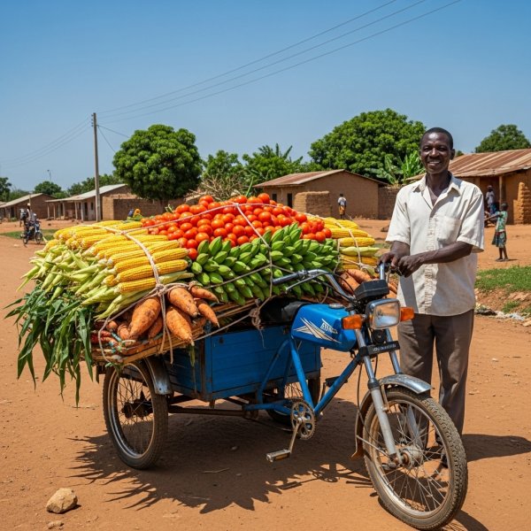 A Black Ghanaian farmer standing beside a blue ‘aboboyaa’ tricycle loaded with harvested crops. #3