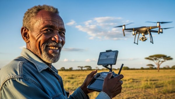 An old African man flying a drone and smiling #2