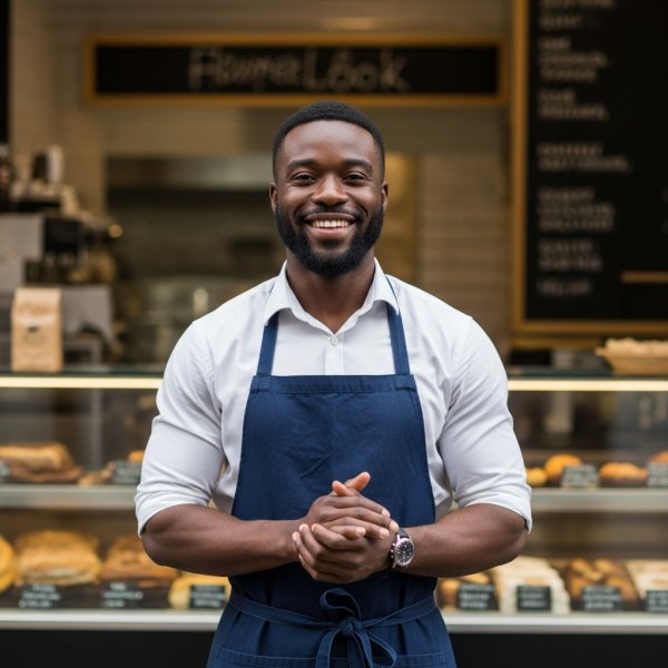 A black man standing in front of his shop and smiling #4
