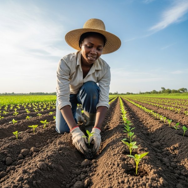 A Black African woman farmer planting seedlings in rich, dark soil #2