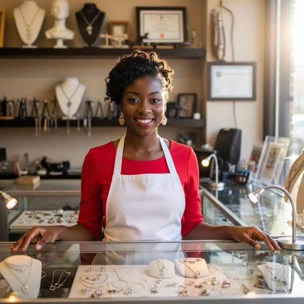 A black young lady in red standing in her jewelry shop #1