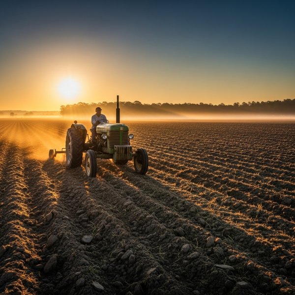 Black African farmer driving a tractor across a wide open farmland at sunrise. #4