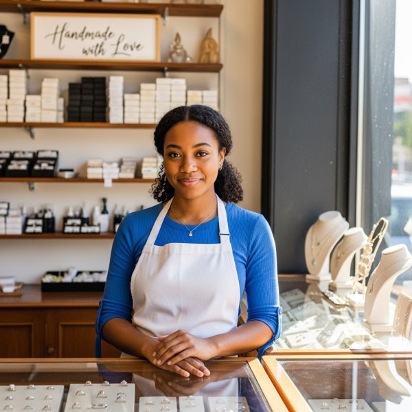 A black young lady in blue standing in her jewelry shop #2