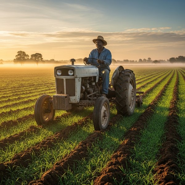 A Black African farmer driving a tractor across a wide open farmland at sunrise. #2