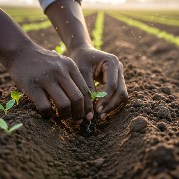 Close-up of a Black African farmer planting seedlings in rich dark soil #3