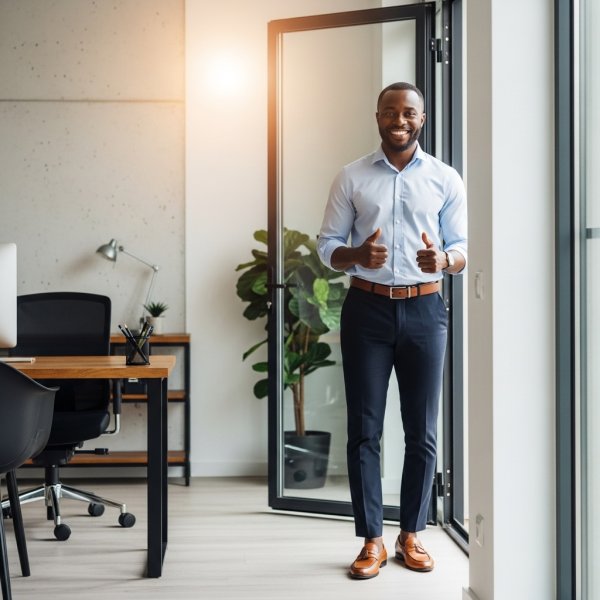 A confident African man smiling and saying yes while standing at the door to his office #3