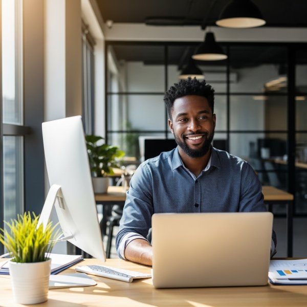 A happy young Black man working on a laptop in a modern office, smiling confidently #2