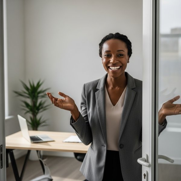 A confident African woman smiling and saying yes while standing at the door to her office #1
