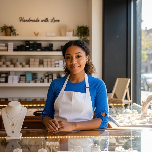 A black young lady in blue standing in her jewelry shop #1