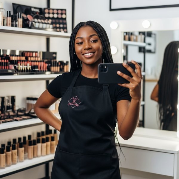 A black young lady holding a phone while standing in her make-up shop with an apron #3