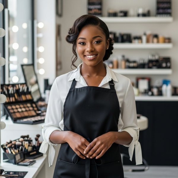 Close up of a black young lady in white standing in her make-up shop with a black apron #4