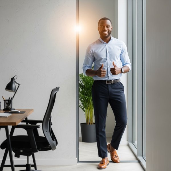 A confident African man smiling and saying yes while standing at the door to his office #2
