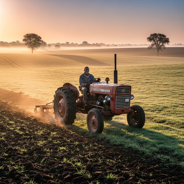 A Black African farmer driving a tractor across a wide open farmland at sunrise. #3