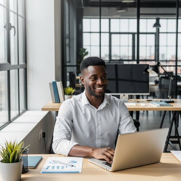A happy young Black man working on a laptop in a modern office, smiling confidently #4
