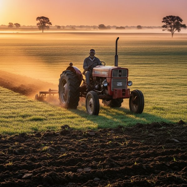 A Black African farmer driving a tractor across a wide open farmland at sunrise. #1