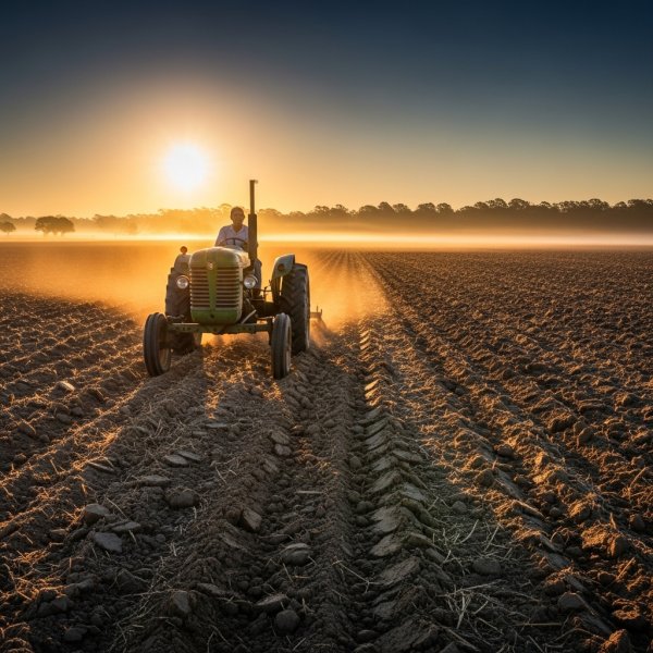 Black African farmer driving a tractor across a wide open farmland at sunrise. #3