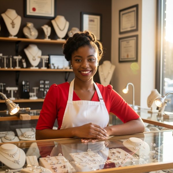 A black young lady in red standing in her jewelry shop #3