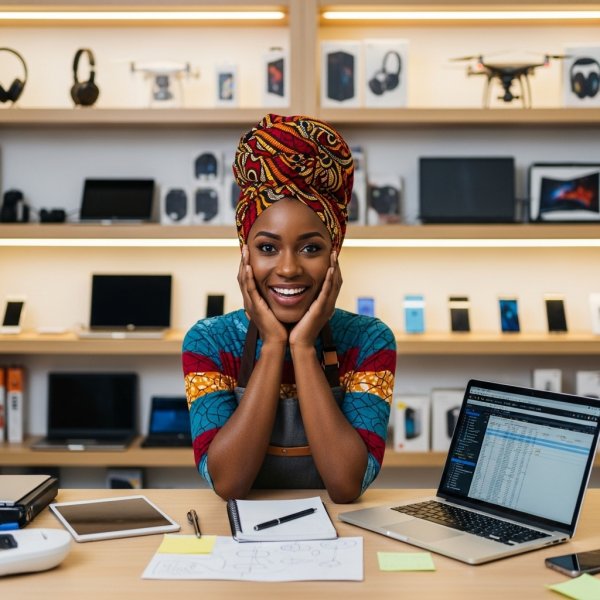 A pretty African lady smiling in her shop