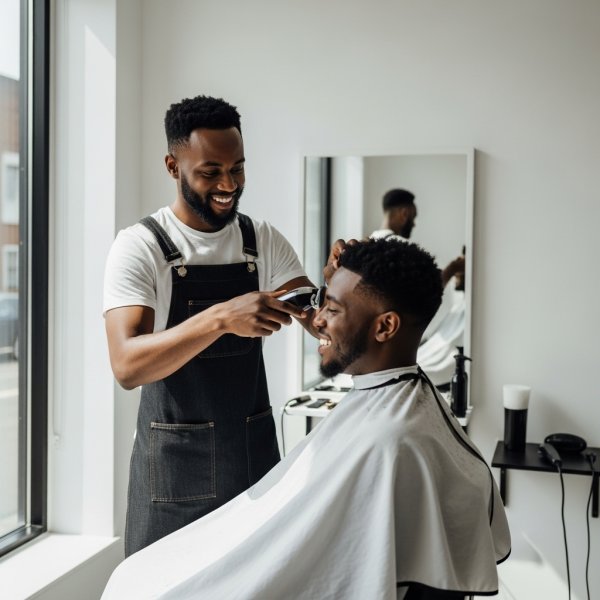 A confident African barber smiling while with his black client #2