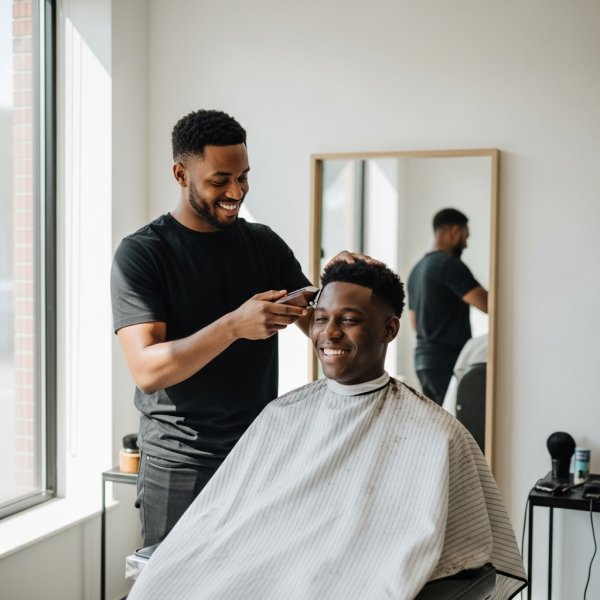 A confident African barber smiling while with his black client #4