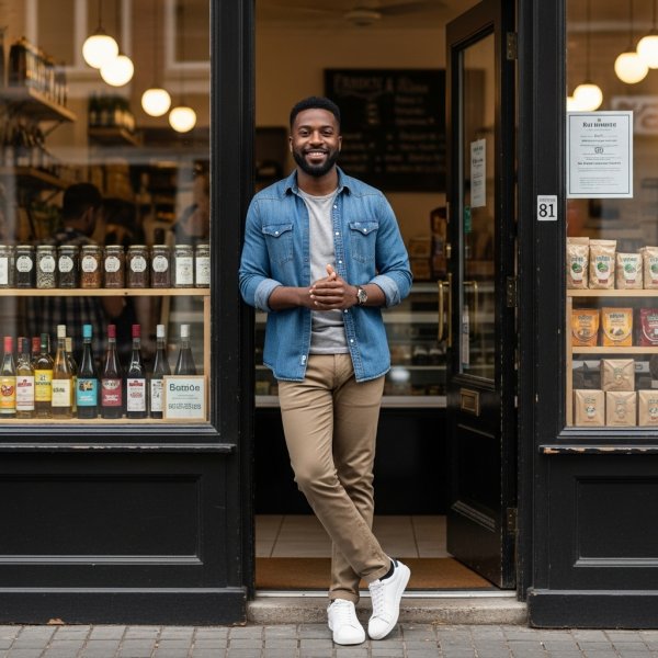 A black man standing in front of his shop and smiling #3